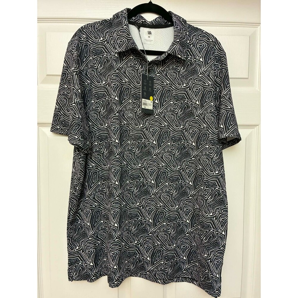 VRST Mens XL Performance Polo‎ Black White Abstract Golf Shirt Stretch NWT